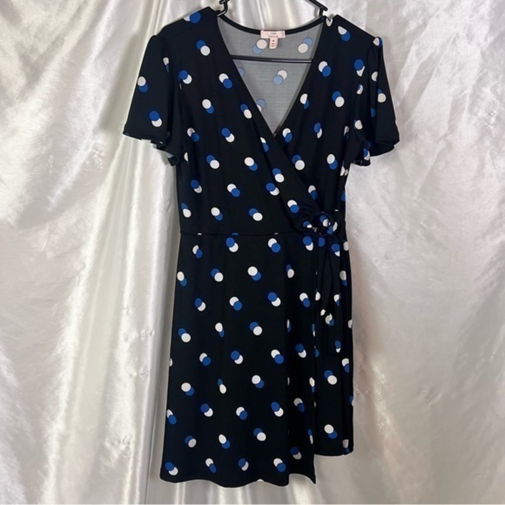 Como Vintage Black Retro Polka Dot Faux Wrap Short Dress Timeless M